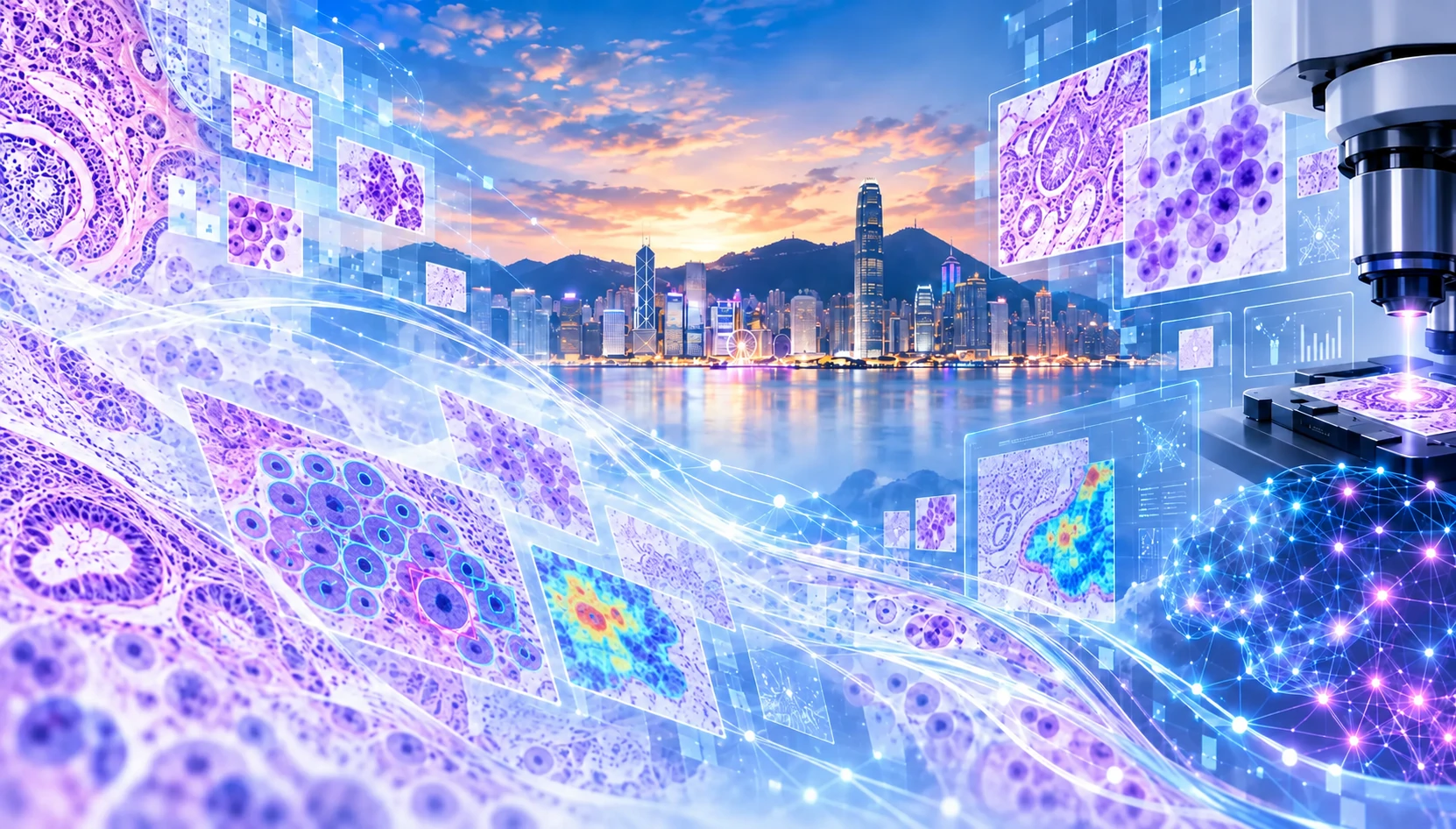 AIDP 2026 flyer artwork featuring the Hong Kong skyline and digital pathology imagery